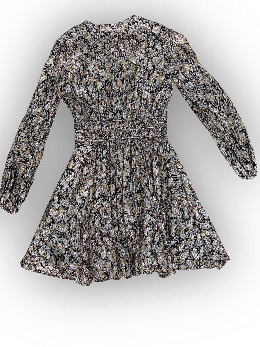 Maje Brown and Cream Floral Smocked-Waist Long-Sleeve Mini Dress - Picture 3 of 8